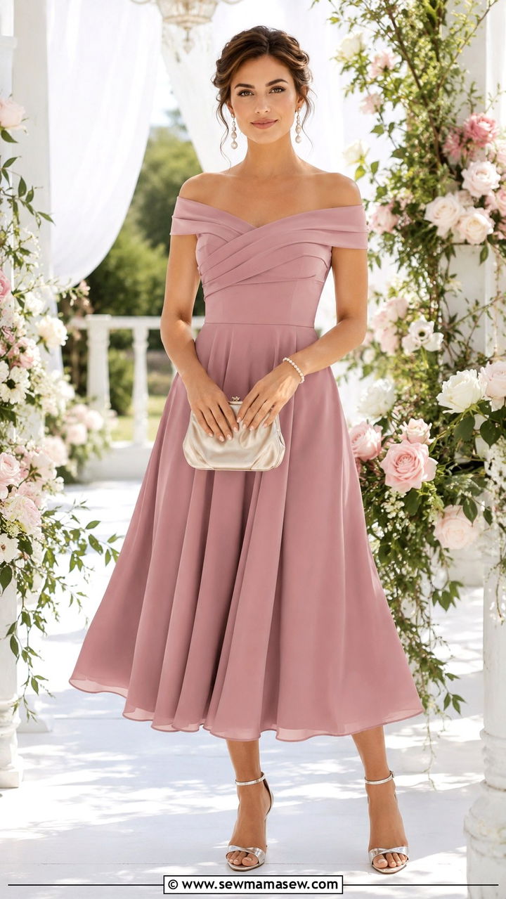 Off Shoulder A Line Dress with Pearl Jewelry - 25 Wedding guest outfit ideas A line dress