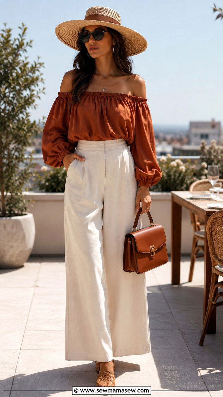 Off Shoulder Blouse And Wide Leg Trousers With Wide Brim Hat - 25 Boho outfit ideas with wide brim hat
