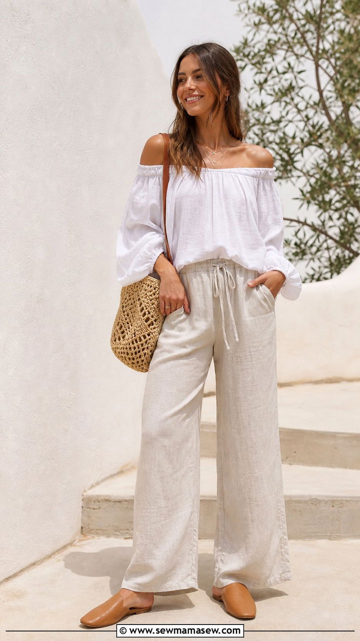 Off Shoulder Blouse With Drawstring Linen Pants Outfit - 25 spring summer 2026 outfits to copy