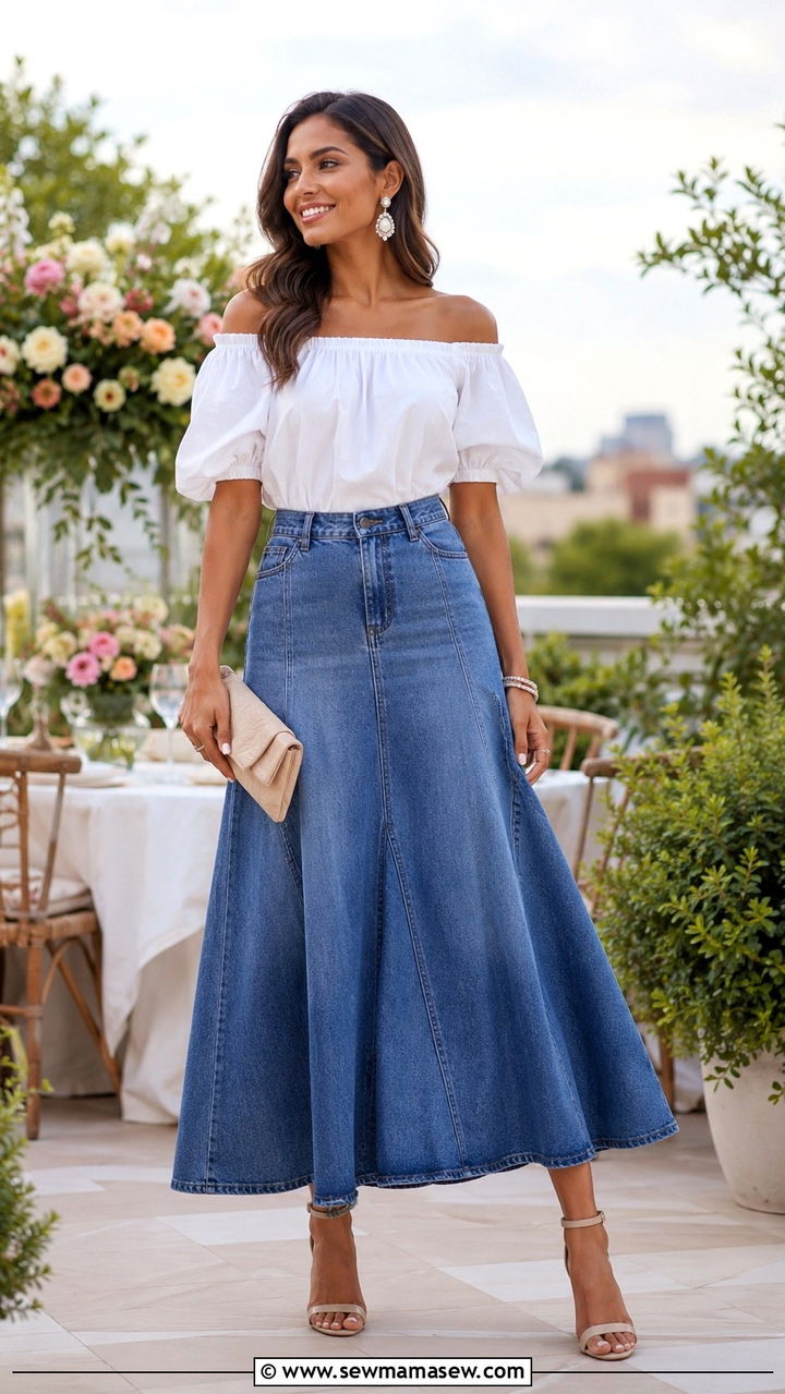Off Shoulder Blouse With Flowy Long Denim Skirt And Strappy Heels - 30 Long denim skirt outfit ideas summer