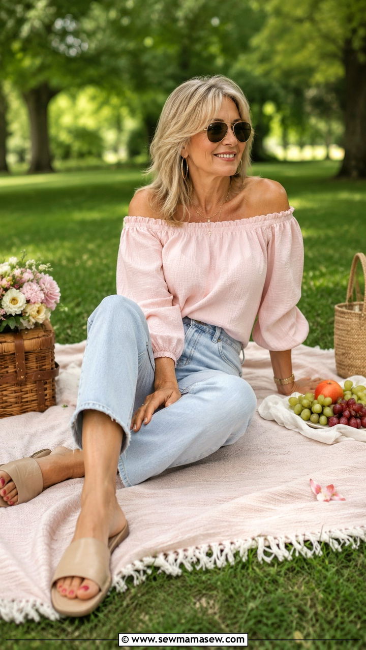 Off Shoulder Blouse With High Waist Cropped Jeans - 30 Picnic outfits for women over 50