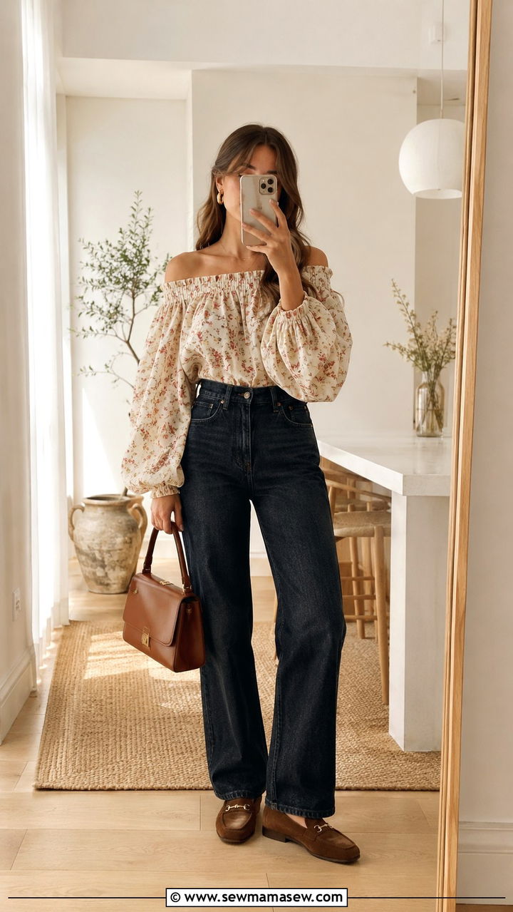 Off Shoulder Blouse With High Waist Straight Jeans - 20 Boho outfit ideas Dôen style
