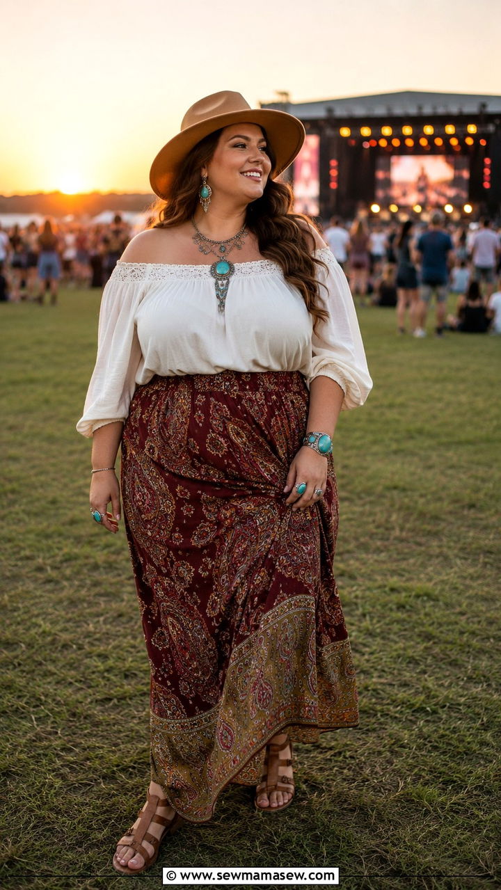 Off Shoulder Blouse With Paisley Maxi Skirt - 25 Plus size outfit ideas boho