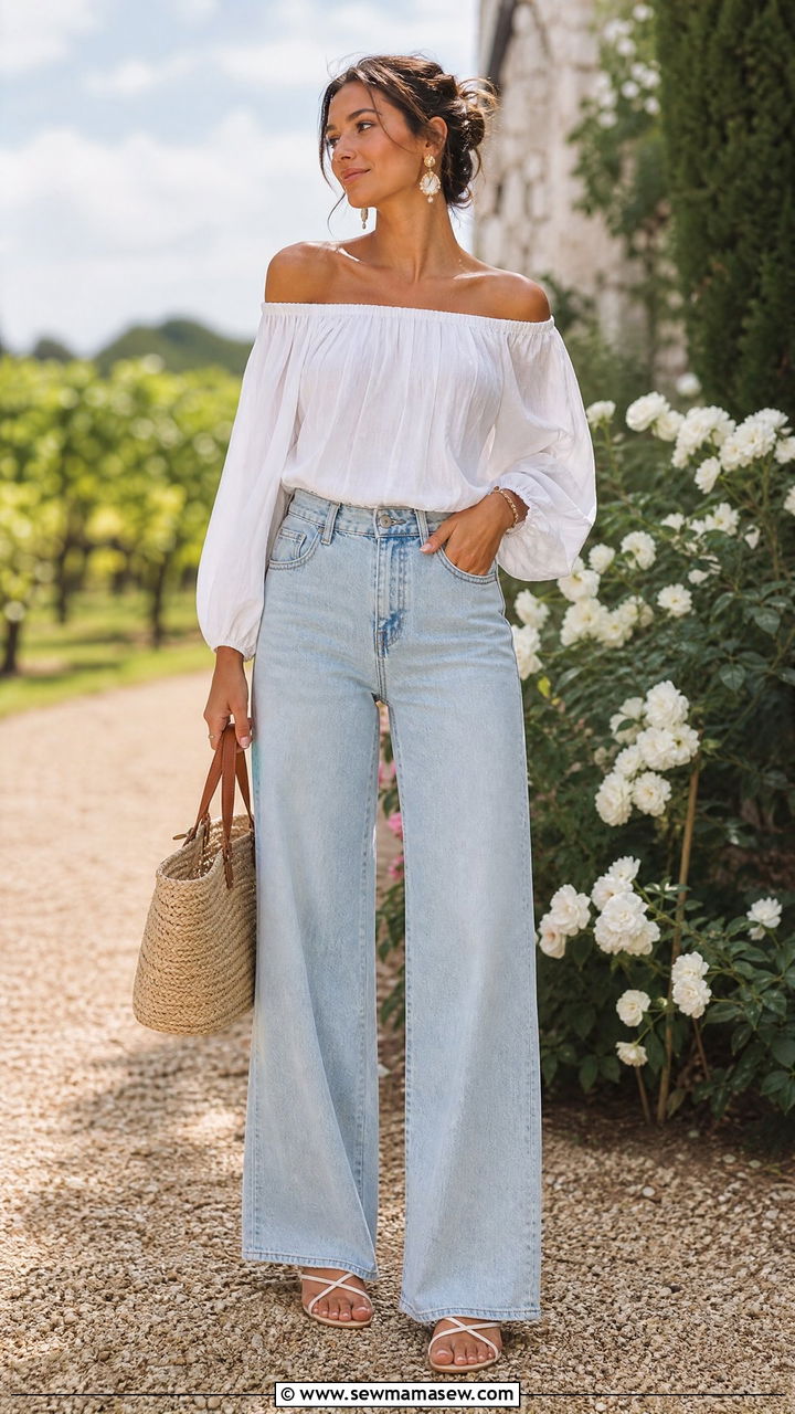 Off Shoulder Blouse With Wide Leg Jeans And Strappy Sandals - 30 Summer outfits with wide leg jeans