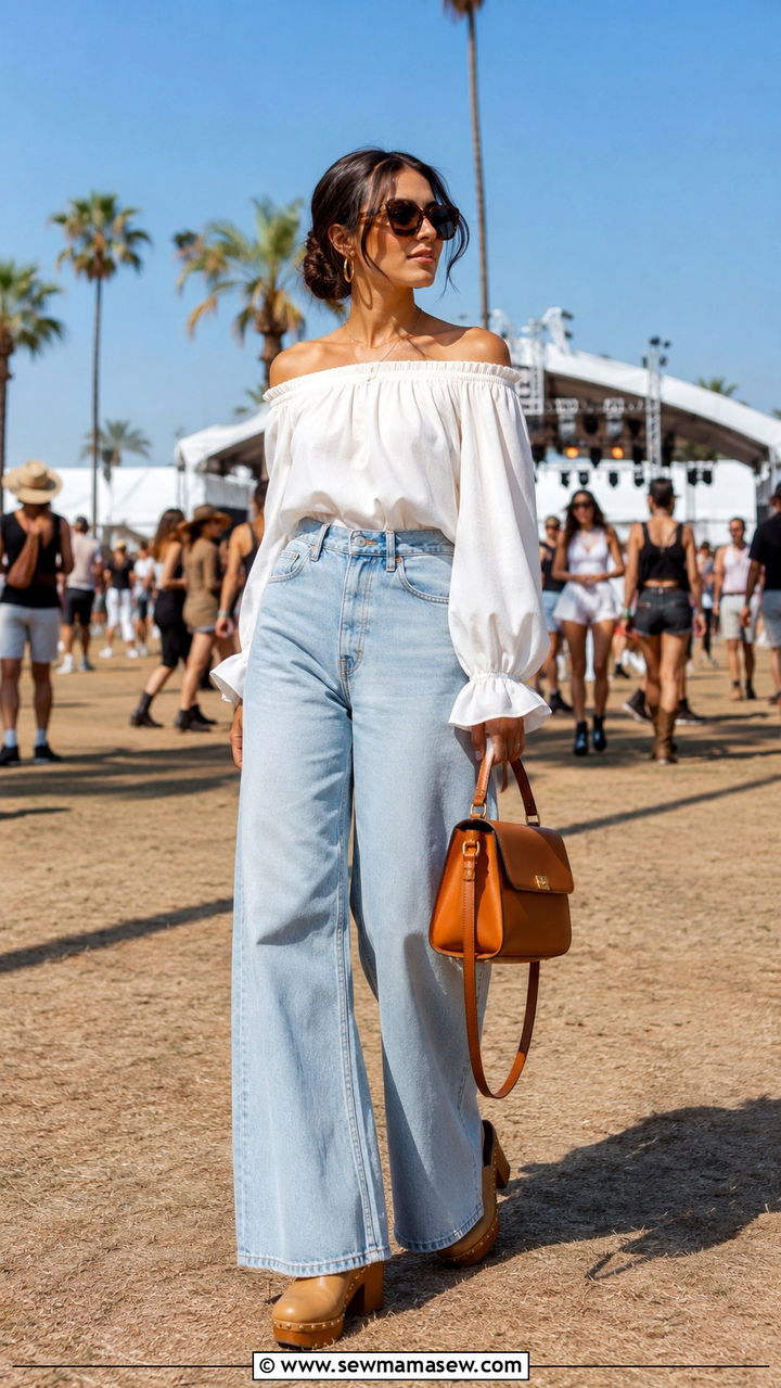 Off Shoulder Blouse With Wide Leg Jeans - 30 classy music festival outfit ideas