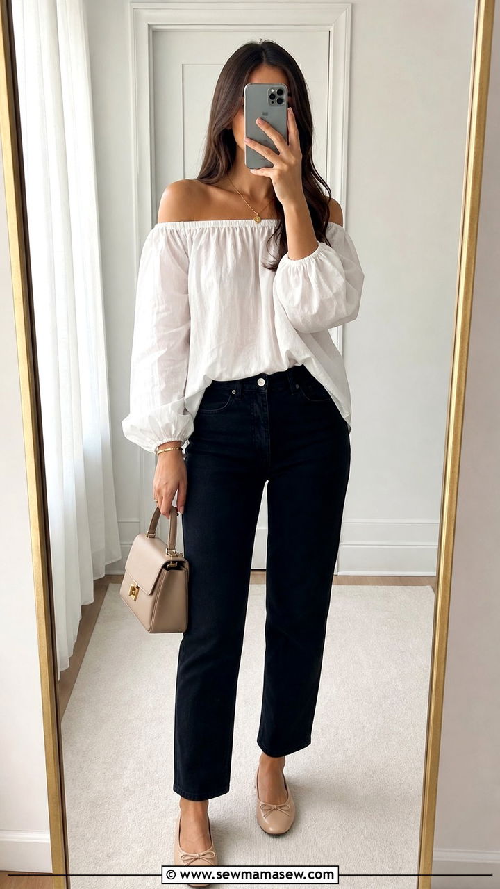 Off Shoulder Blouse with Black Jeans and Ballet Flats - 25 Summer outfits with black jeans