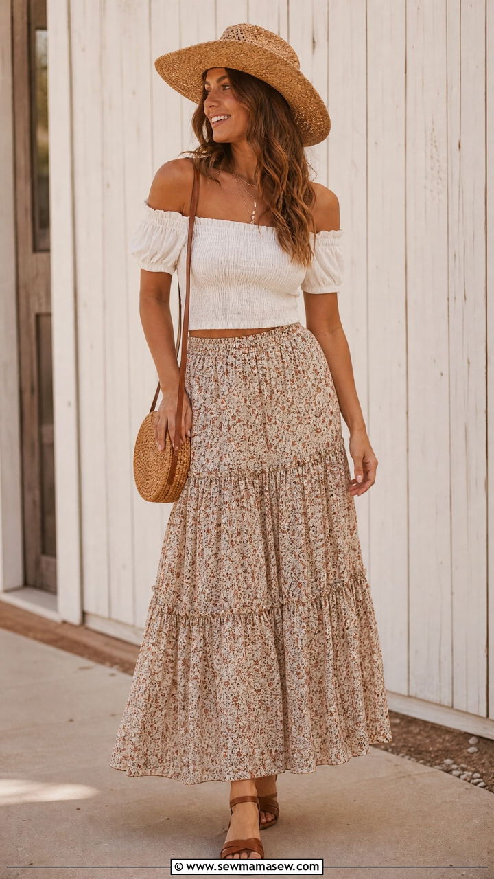 Off Shoulder Blouse with Tiered Floral Skirt - 30 Country concert outfit ideas summer