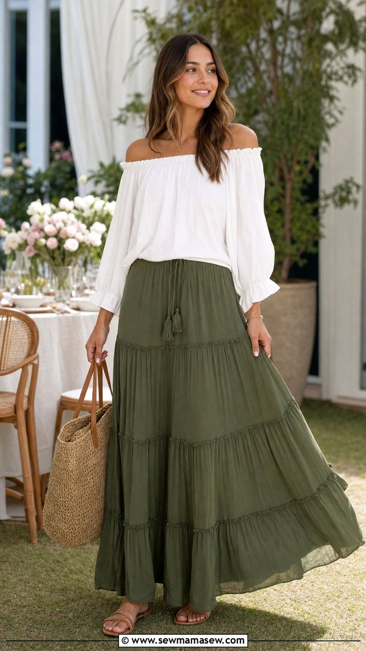 Off Shoulder Blouse with Tiered Maxi Skirt - 25 cute boho chic outfits