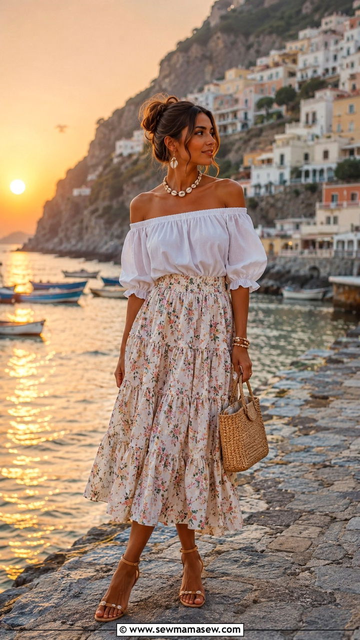 Off Shoulder Blouse with Tiered Midi Skirt - 25 Amalfi Coast vacation outfit ideas 2026