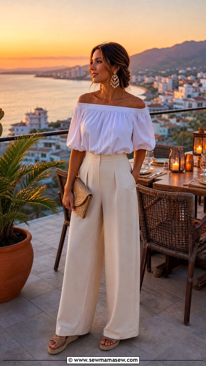 Off Shoulder Blouse with Wide Leg Trousers - 40 What to wear in Puerto Vallarta