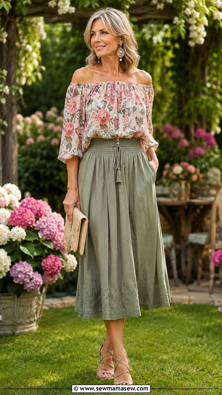 Off Shoulder Blouse with a Midi Skirt - 30 Boho outfit ideas for women over 50