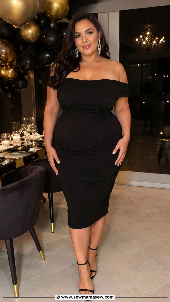 Off Shoulder Bodycon Dress with Crystal Earrings - 30 Plus size birthday outfit ideas