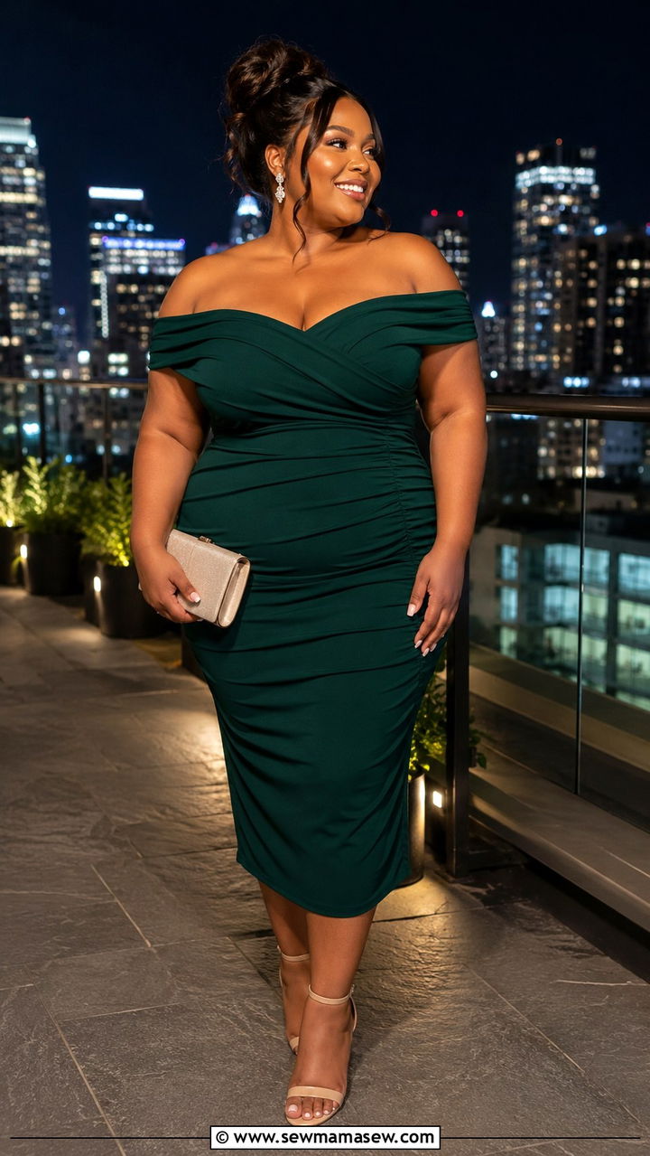 Off Shoulder Bodycon Dress with Strappy Heels - 30 Plus size outfit ideas for graduation