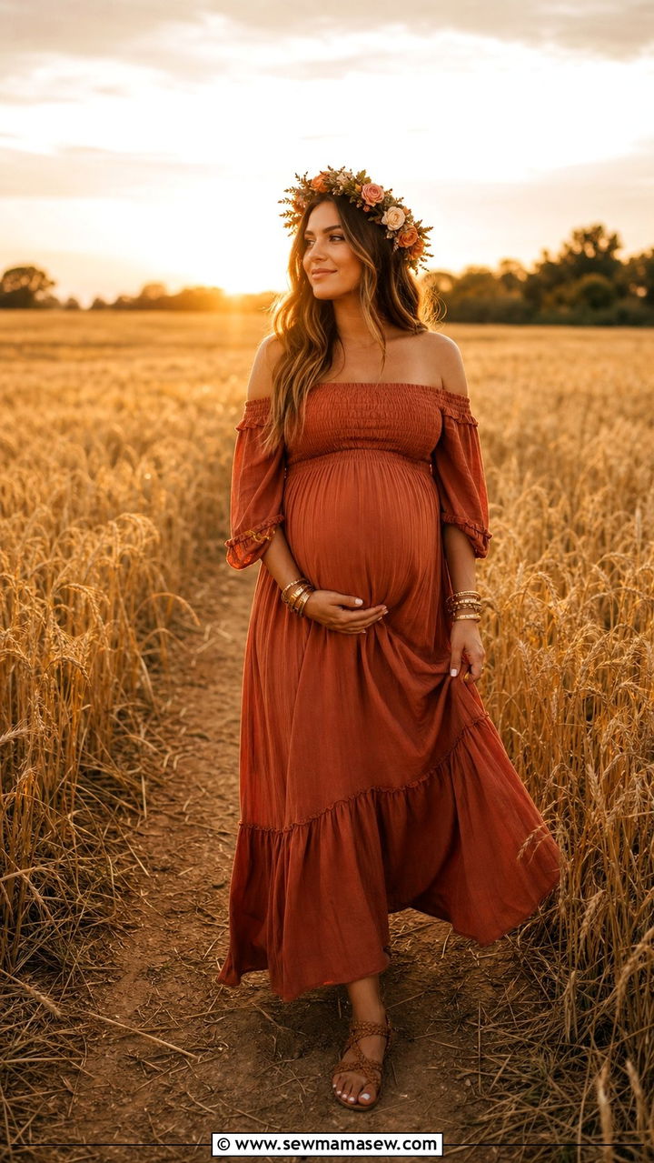 Off Shoulder Boho Maxi Dress Maternity Photoshoot - 25 Summer maternity photo outfits