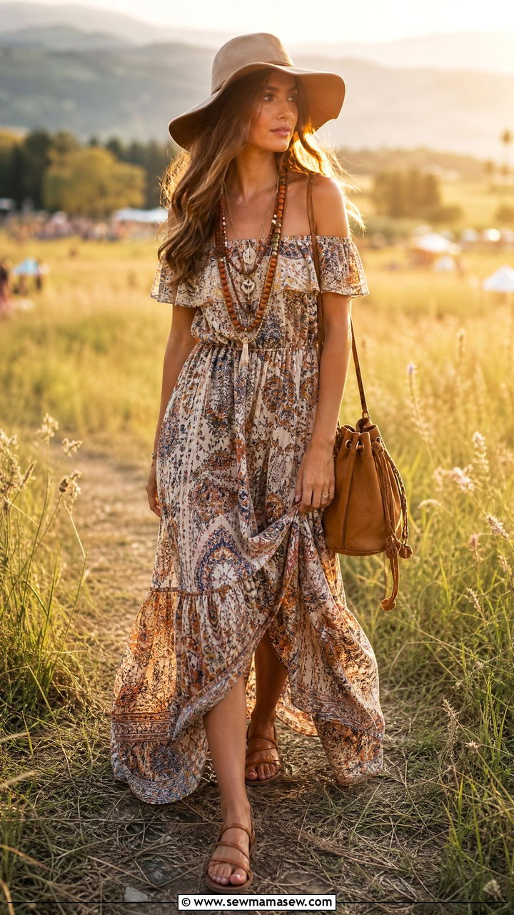Off Shoulder Boho Maxi Dress With Flat Sandals - 40 Music festival outfit ideas