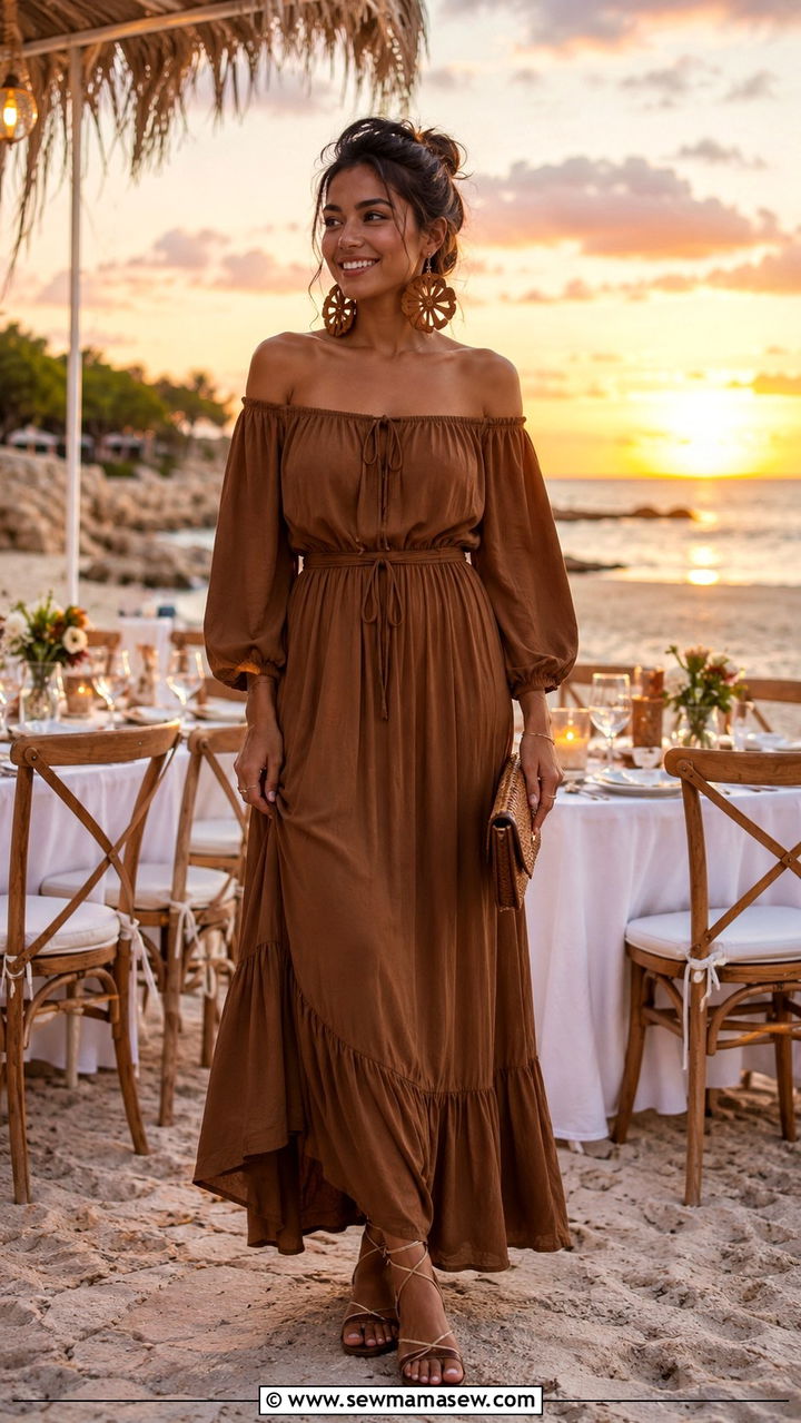Off Shoulder Boho Maxi Dress With Statement Earrings - 25 Boho outfit ideas with maxi dress