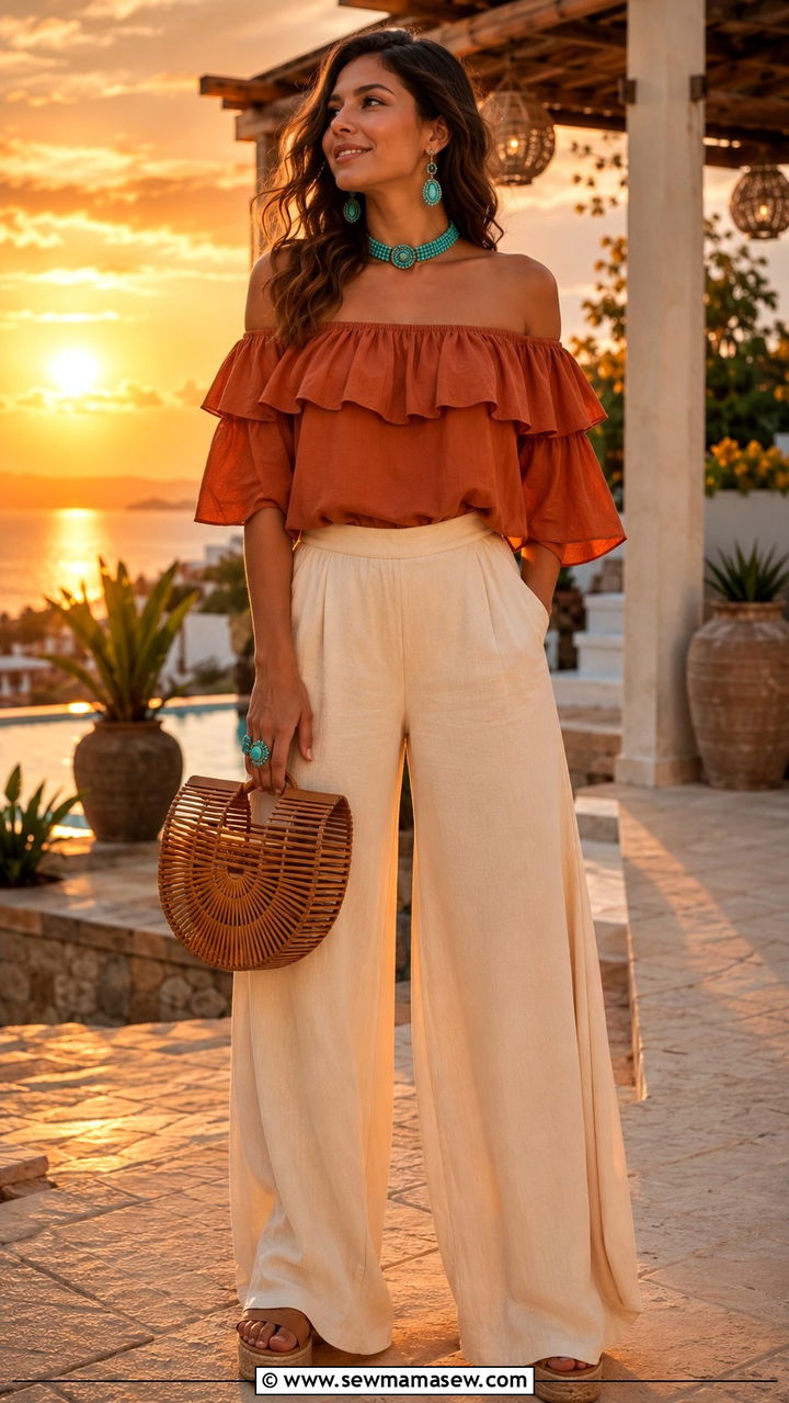 Off Shoulder Boho Top with Palazzo Pants and Turquoise Jewelry Set - 25 Boho outfit ideas with turquoise jewelry