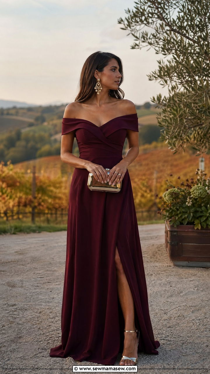 Off Shoulder Burgundy Gown with Statement Earrings - 35 Evening wedding guest outfits