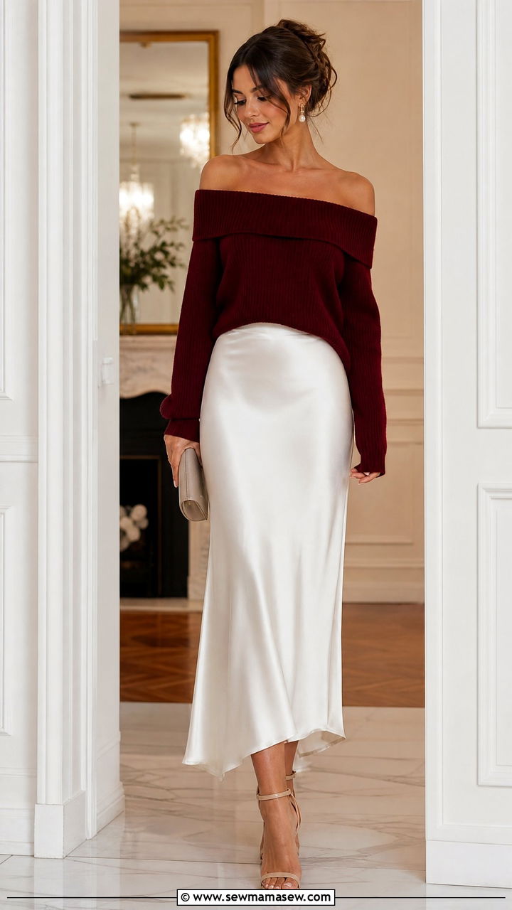 Off Shoulder Burgundy Knit with White Satin Skirt - 30 elegant outfit ideas for women
