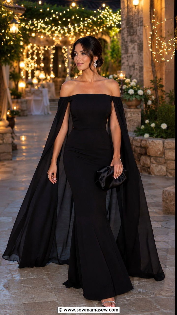 Off Shoulder Cape Sleeve Mermaid Gown - 20 Wedding guest outfit ideas with cape sleeves