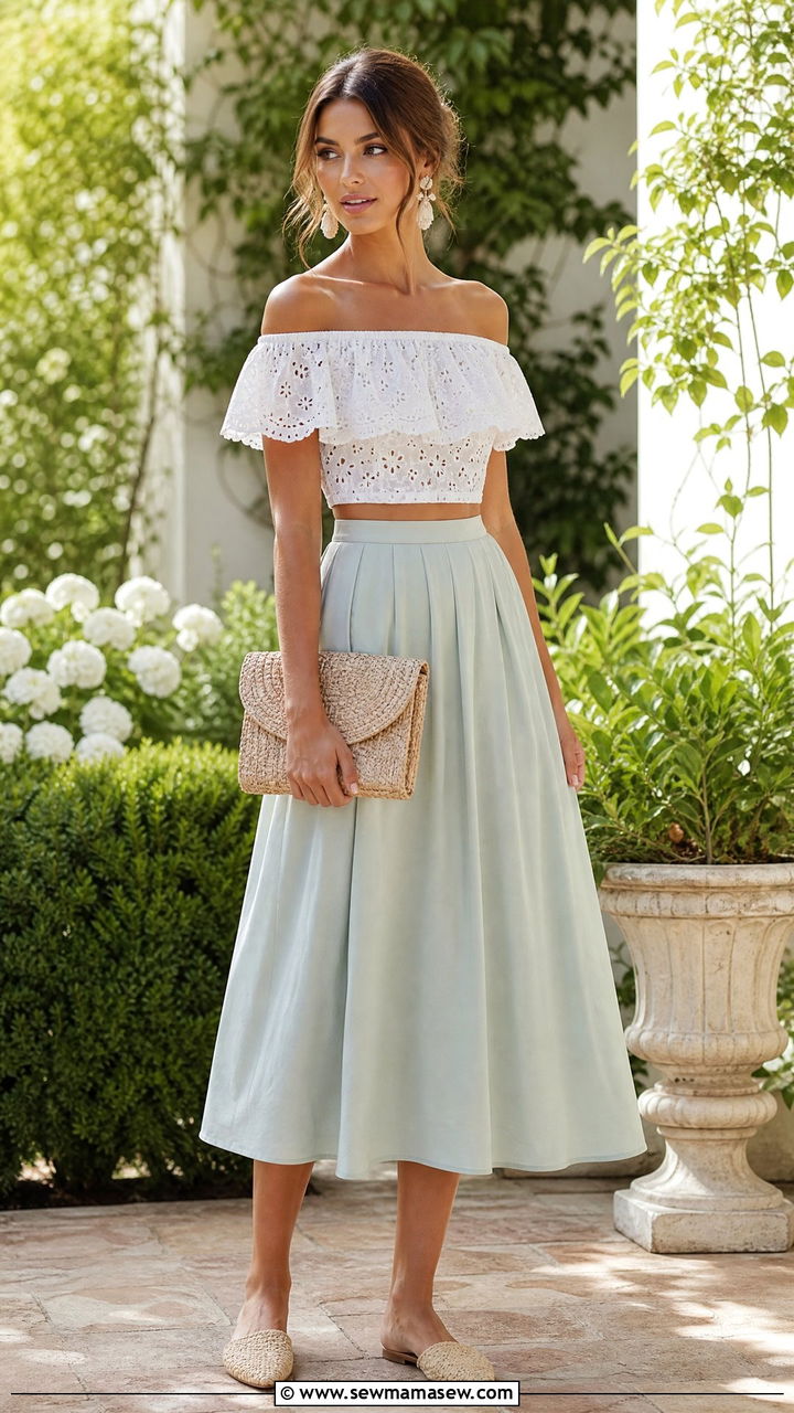 Off Shoulder Crop Top With Midi Skirt Summer Outfit - 30 Summer outfits with crop top