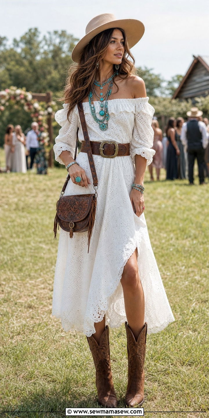 Off Shoulder Dress And Cowboy Boots - 35 boho outfit ideas for women