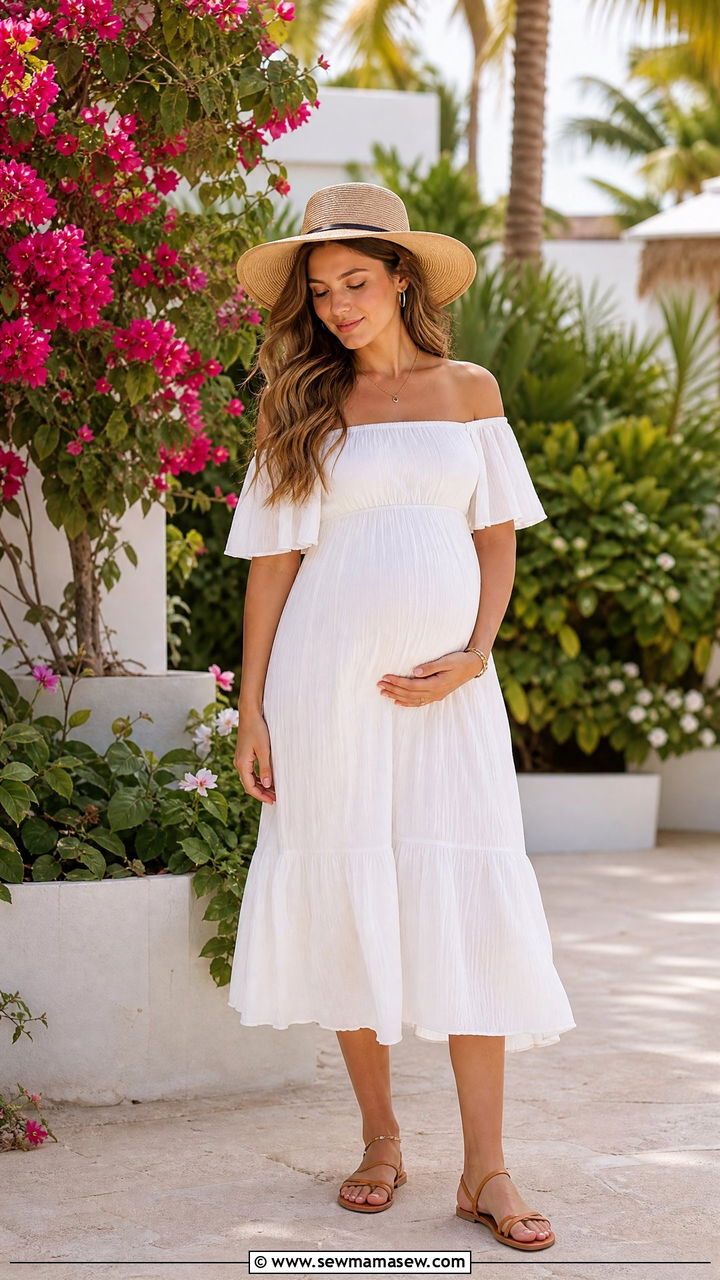 Off Shoulder Dress With Flat Sandals First Trimester - 25 First trimester outfit ideas