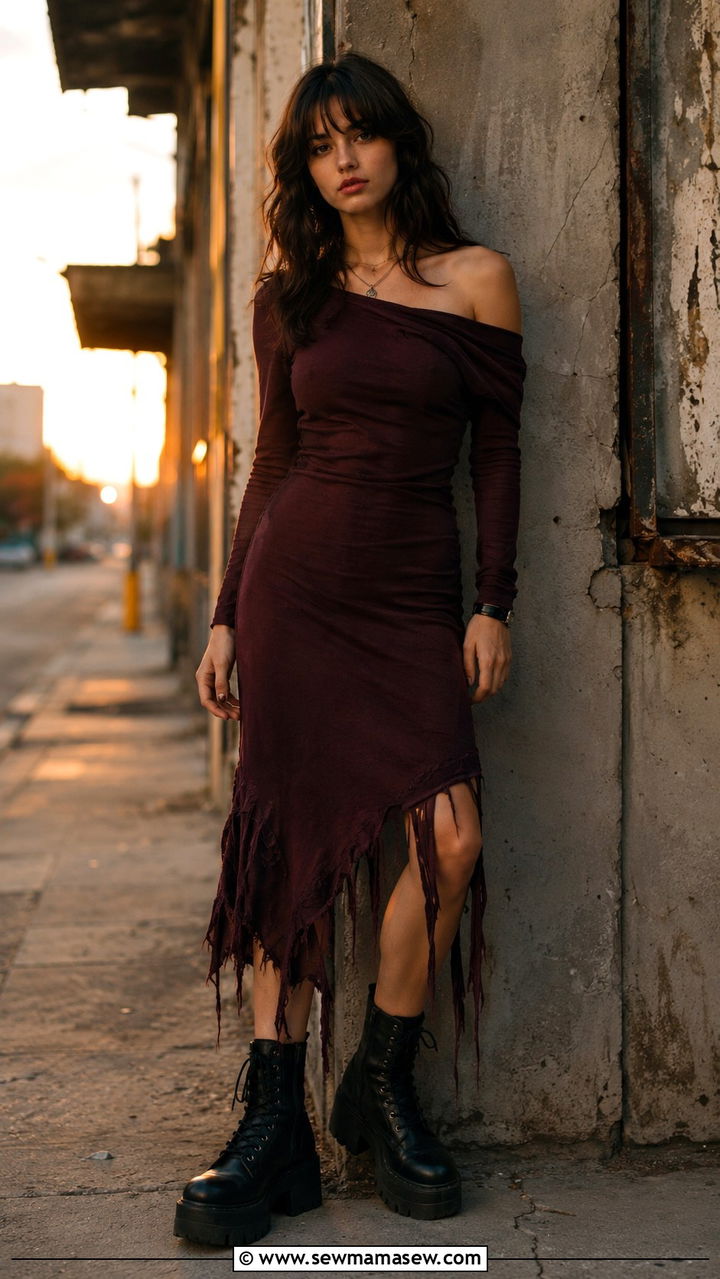Off Shoulder Dress and Chunky Boots Grunge Outfit - 20 grunge capsule wardrobe outfits