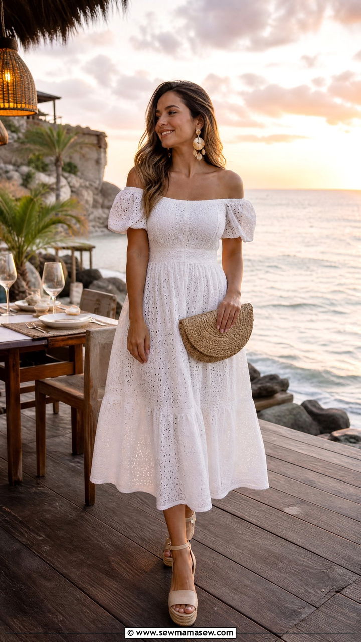 Off Shoulder Dress with Espadrilles - 30 Resort wear outfit ideas Mexico