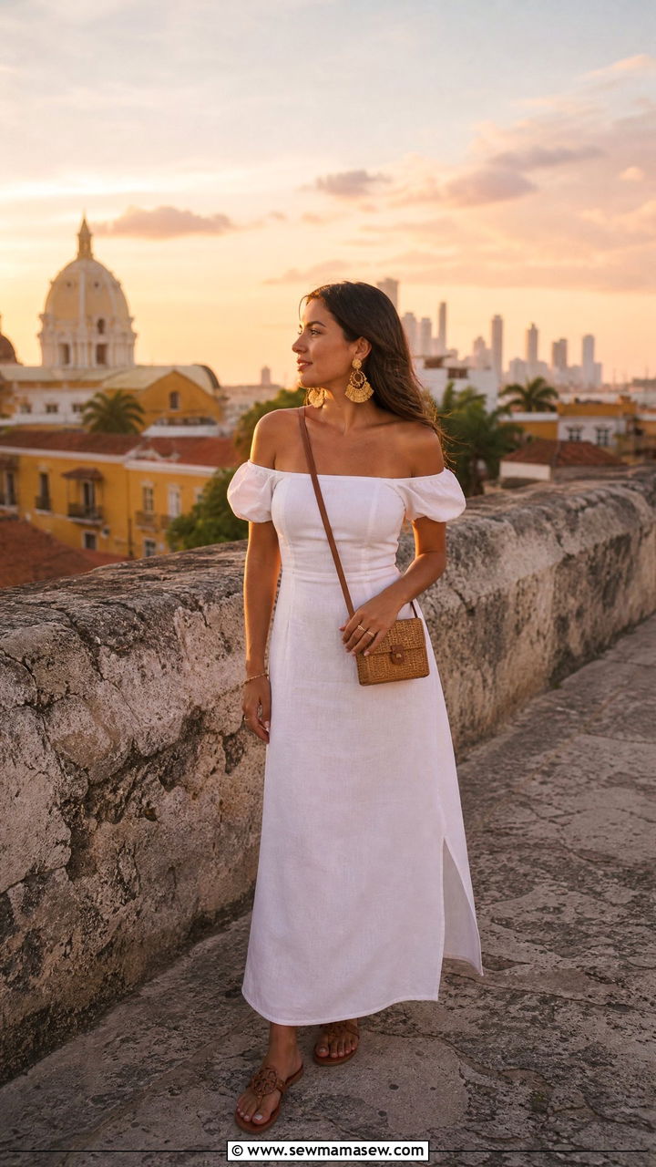Off Shoulder Dress with Sandals - 25 Cartagena outfit ideas