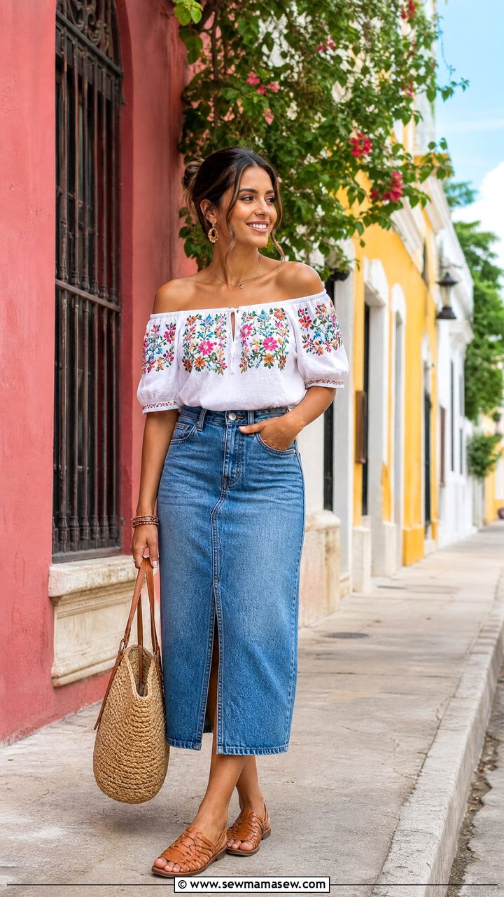 Off Shoulder Embroidered Blouse With Denim Skirt - 25 Cancun vacation outfit ideas