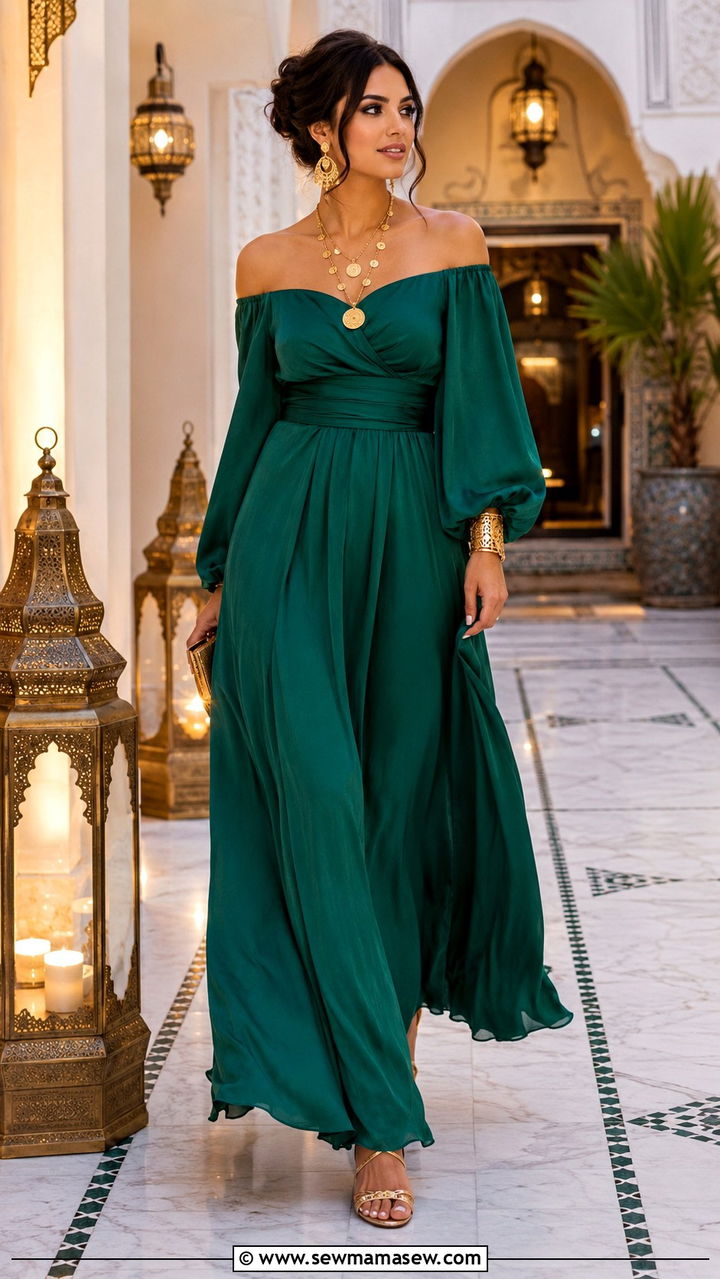 Off Shoulder Emerald Maxi Dress with Moroccan Gold Jewelry - 25 Wedding guest outfit ideas Moroccan wedding