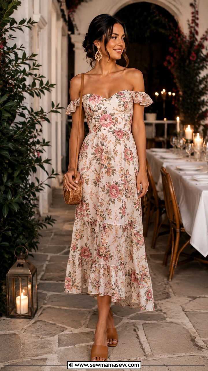 Off Shoulder Floral Dress With Mules - 20 Floral dress outfit ideas 2026