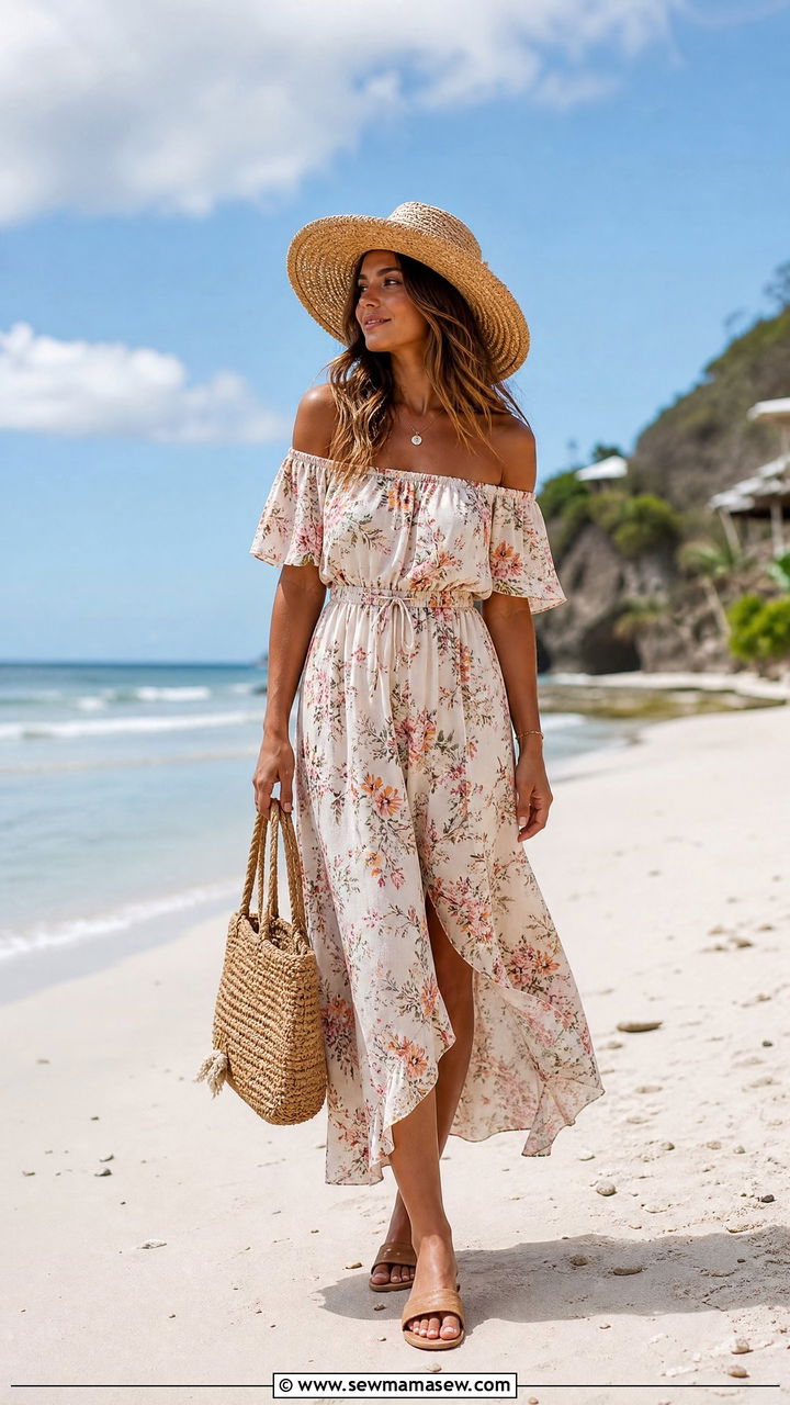 Off Shoulder Floral Dress with Straw Hat - 30 Summer Bali outfit ideas