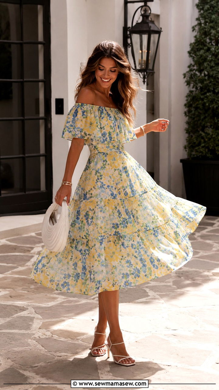 Off Shoulder Floral Midi Dress - 30 Spring brunch with friends outfits