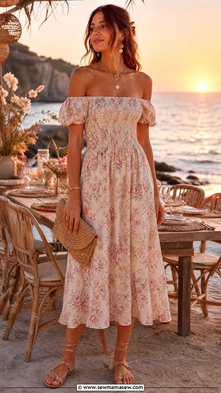 Off Shoulder Floral Midi Dress - 30 modest beach vacation outfit ideas