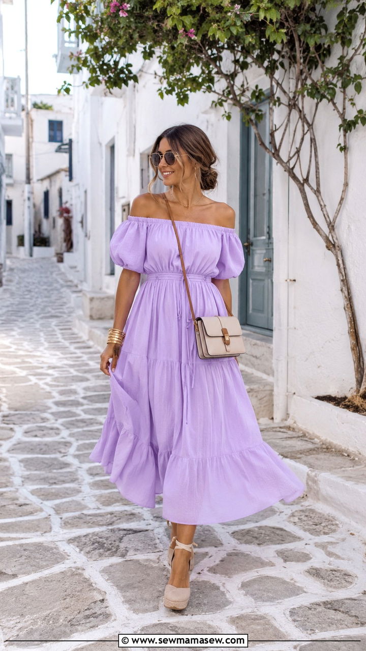 Off Shoulder Flowy Dress with Wedge Espadrilles - 30 Greek island outfits