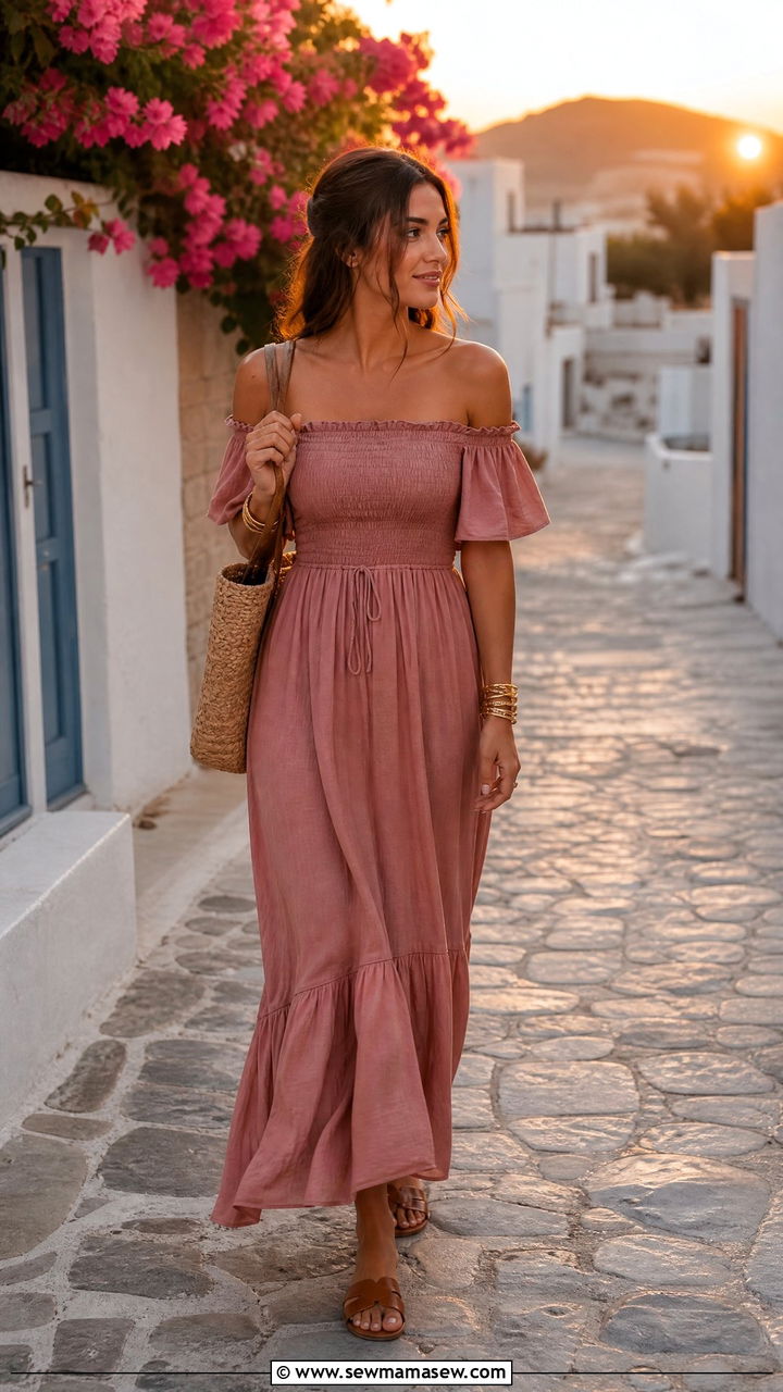 Off Shoulder Flowy Maxi Dress with Leather Sandals - 35 Greece summer outfit ideas
