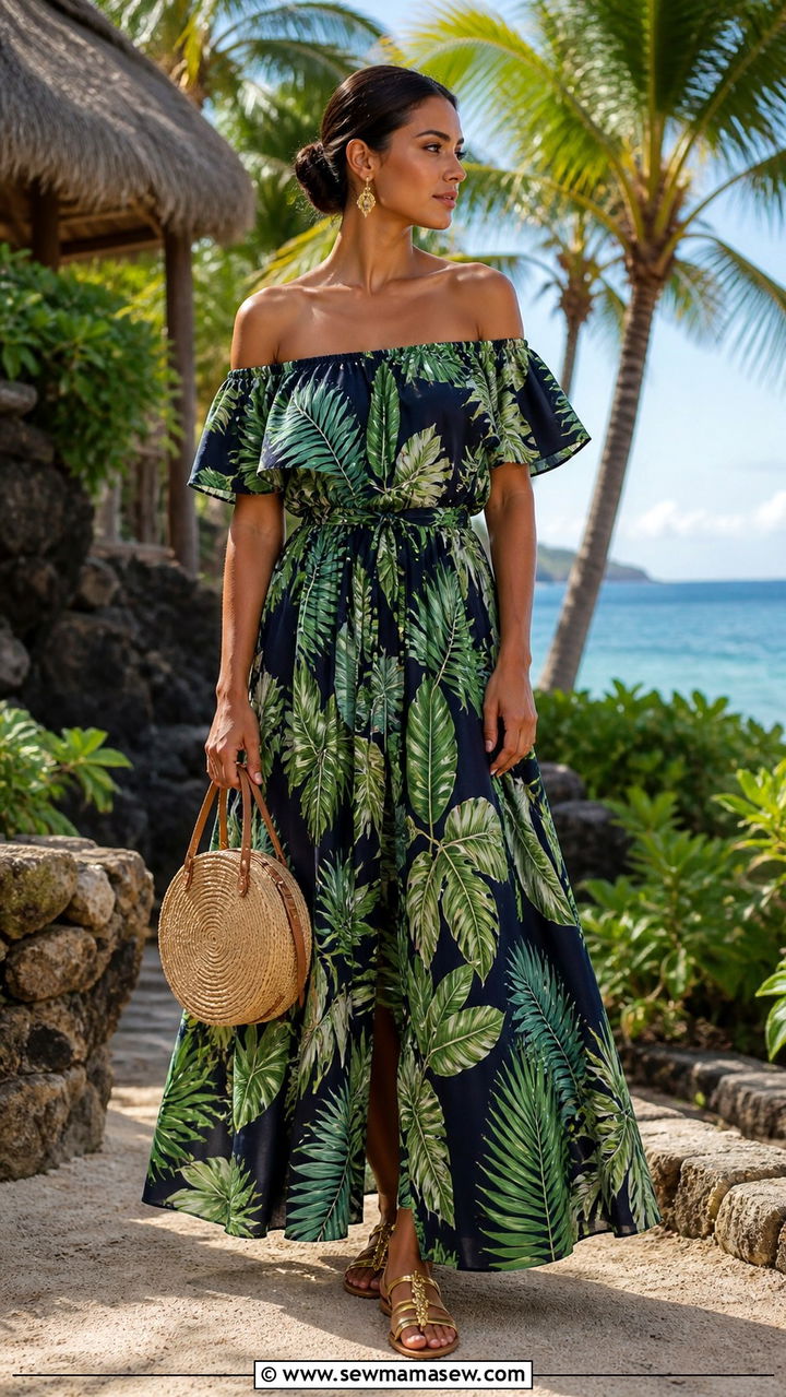 Off Shoulder Flowy Maxi In Tropical Print - 40 summer outfits 2026