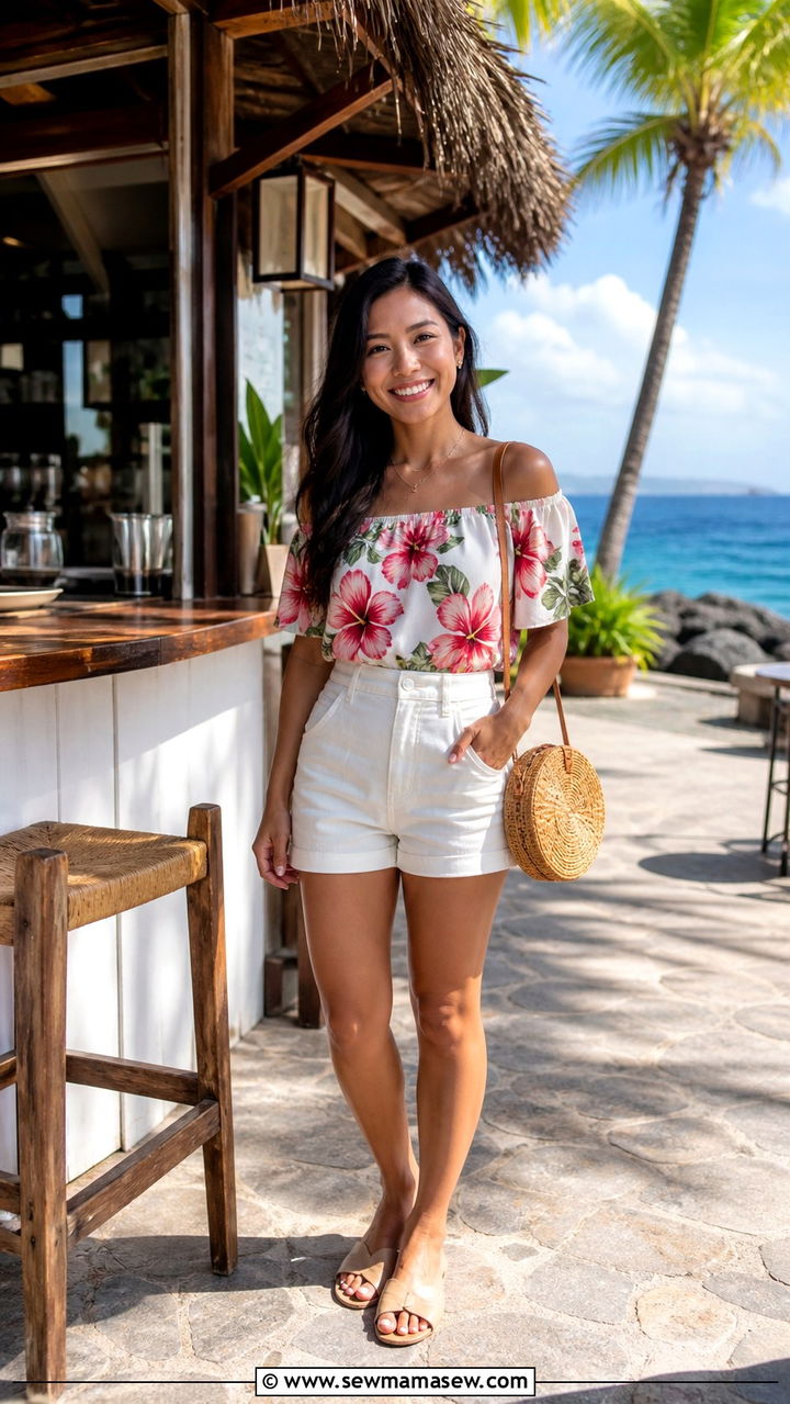 Off Shoulder Hibiscus Top With High Waisted Shorts - 40 Summer Hawaii outfit ideas