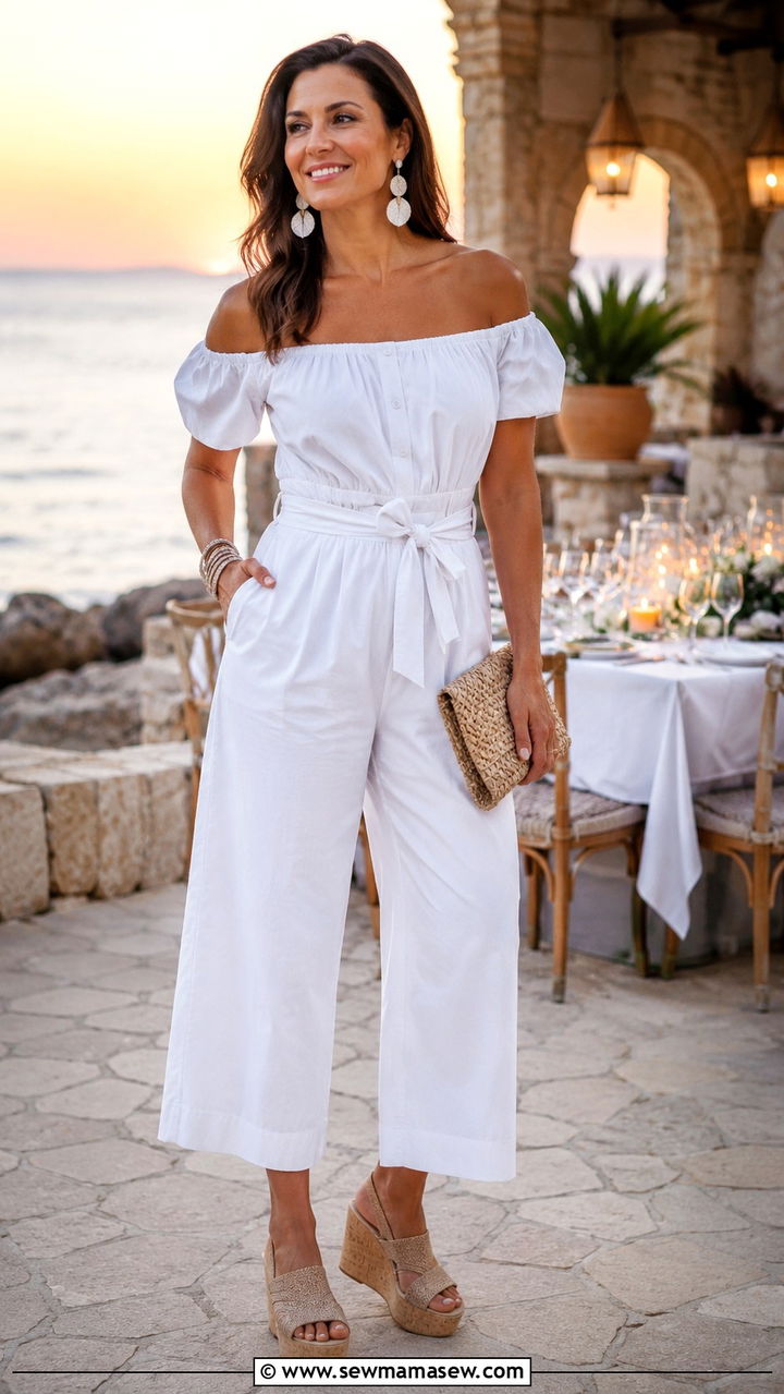 Off Shoulder Jumpsuit With Wedges Over 40 - 30 jumpsuit outfits for women over 40