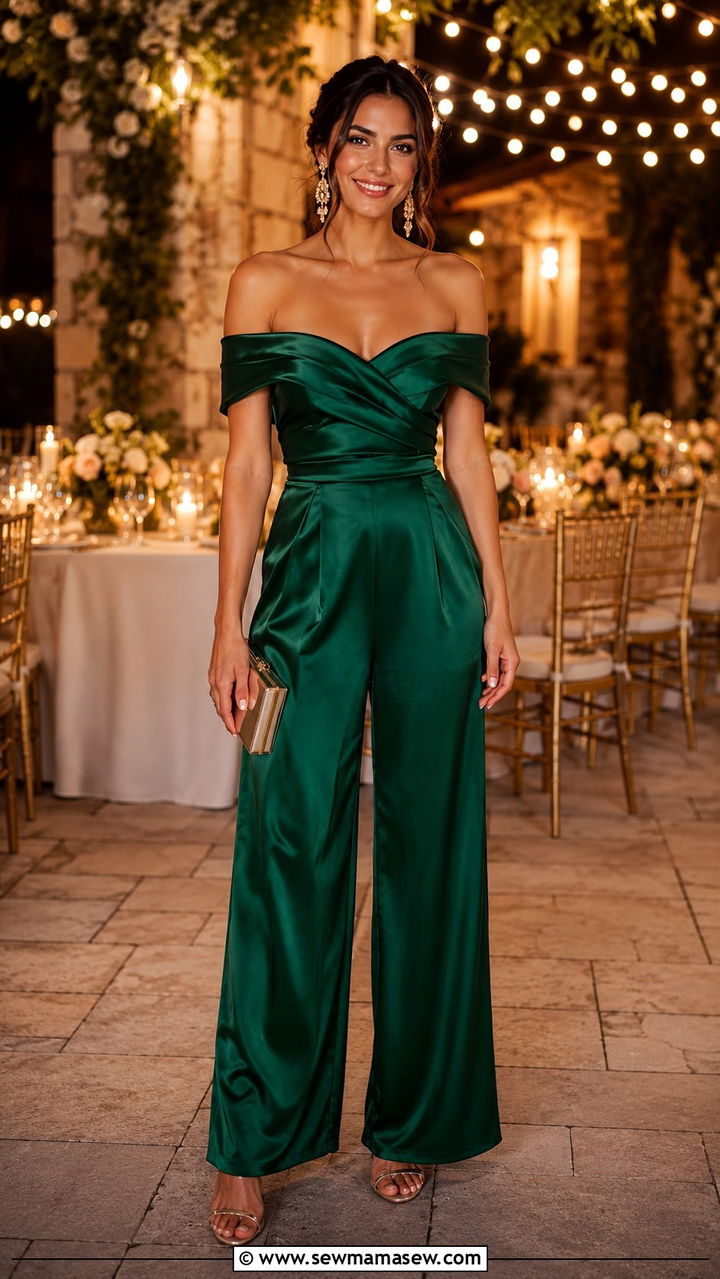 Off Shoulder Jumpsuit with a Structured Clutch - 30 classy romantic outfits