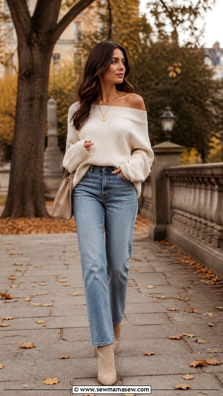 Off Shoulder Knit Sweater With Straight Leg Jeans And Ankle Boots - 40 Off the shoulder top outfit ideas