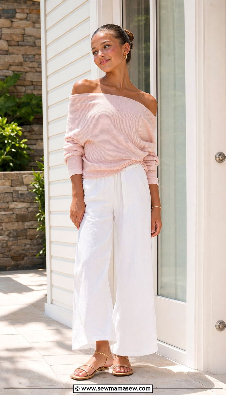 Off Shoulder Knit Top With White Wide Leg Pants - 25 Clean girl outfit ideas for teens