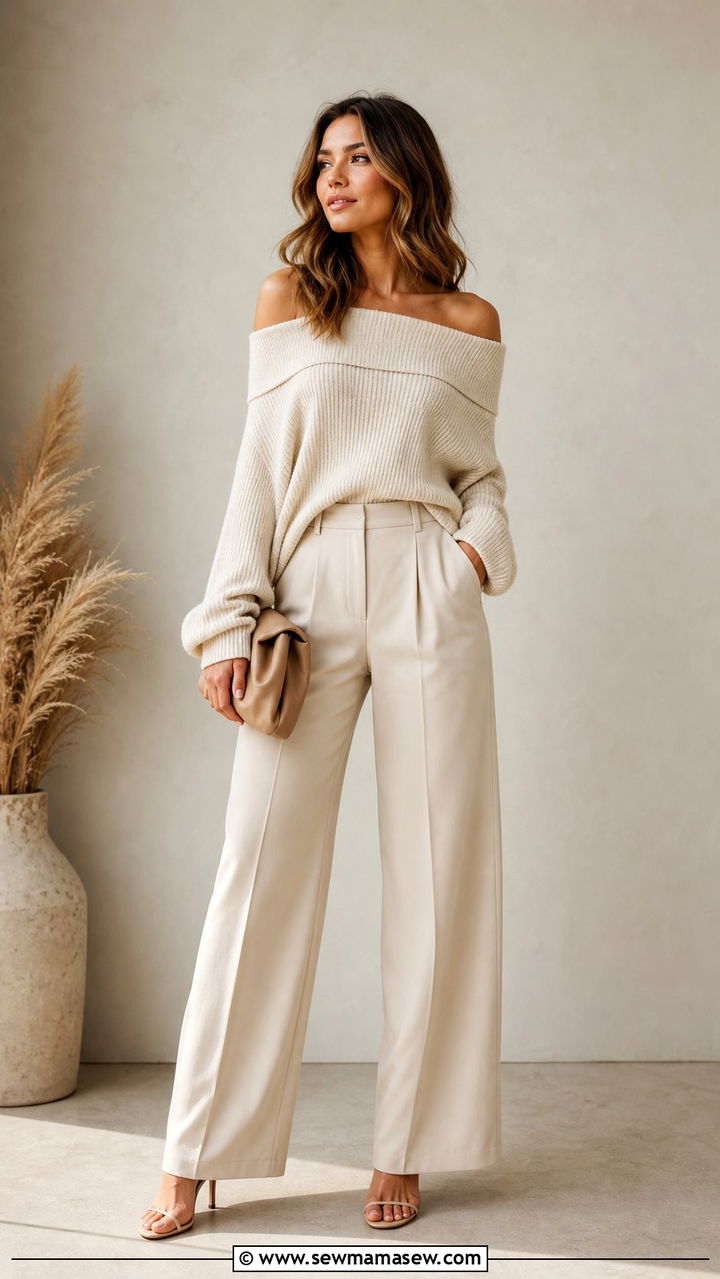 Off Shoulder Knit Top With Wide Leg Pants - 25 classy outfits for women with tummy