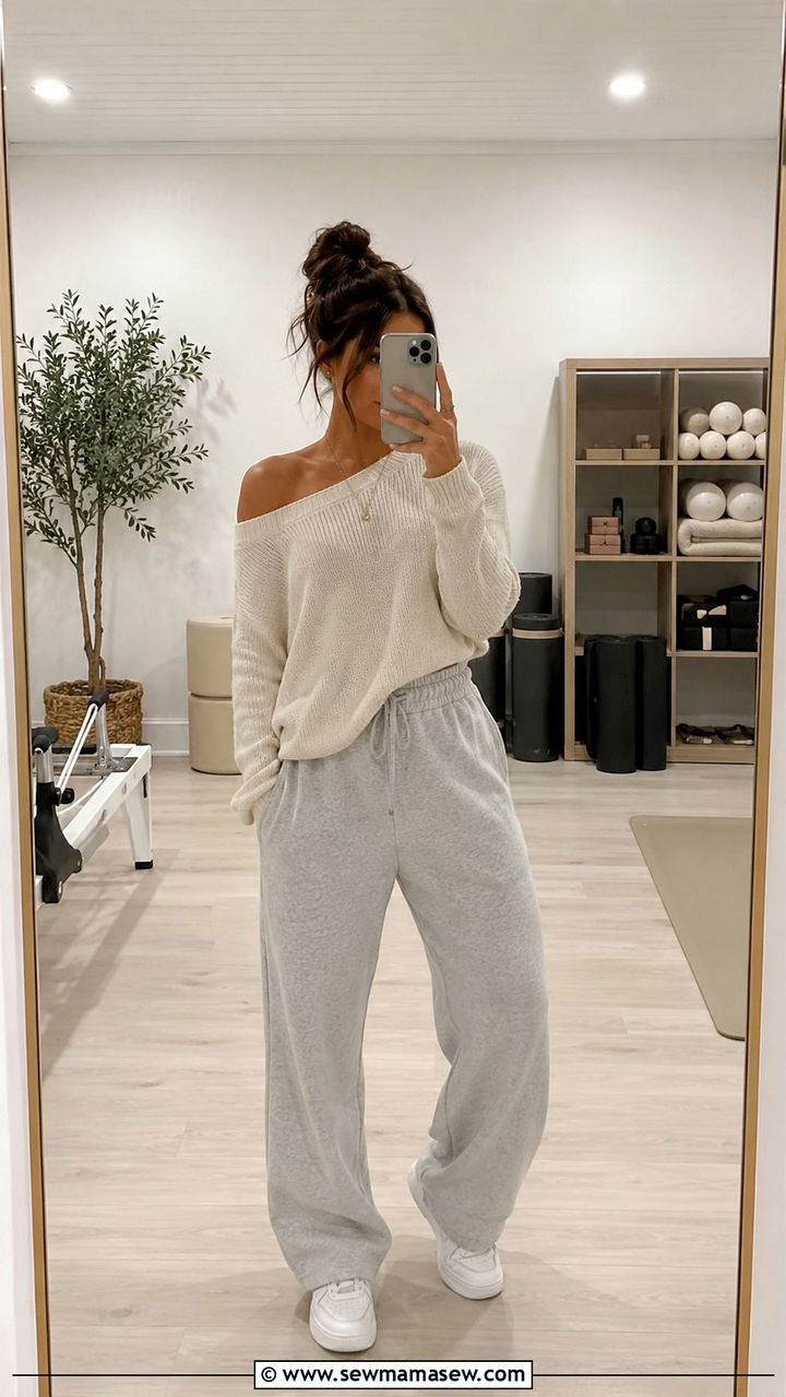 Off Shoulder Knit Top and Baggy Grey Sweatpants - 25 Personal trainer outfit ideas