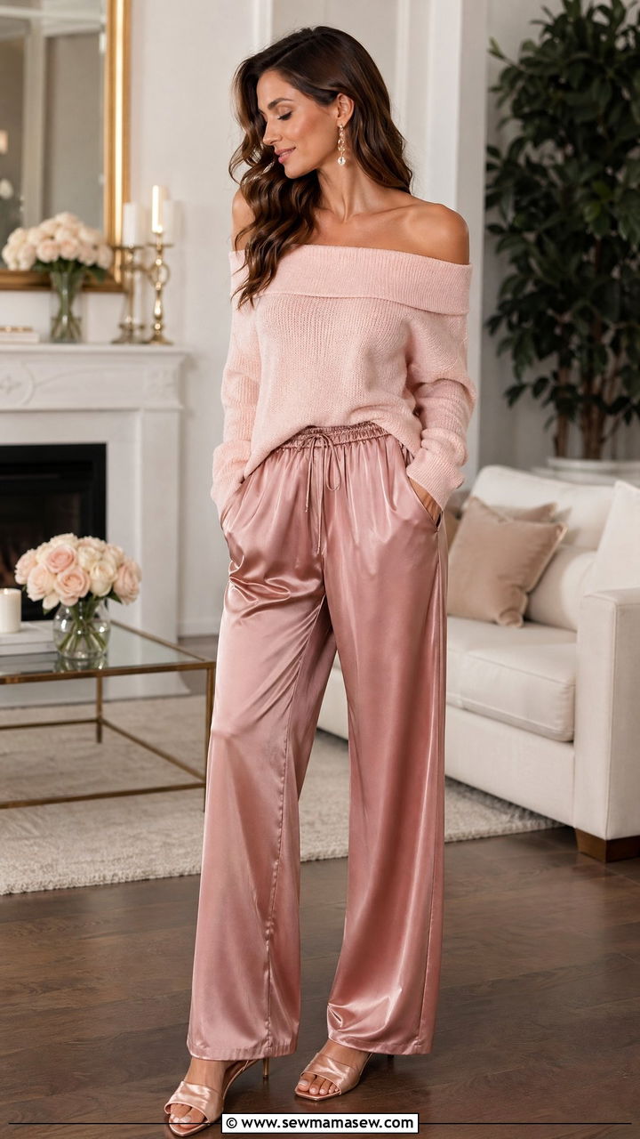 Off Shoulder Knit Top and Satin Wide Leg Pants - 35 Elegant loungewear outfit ideas