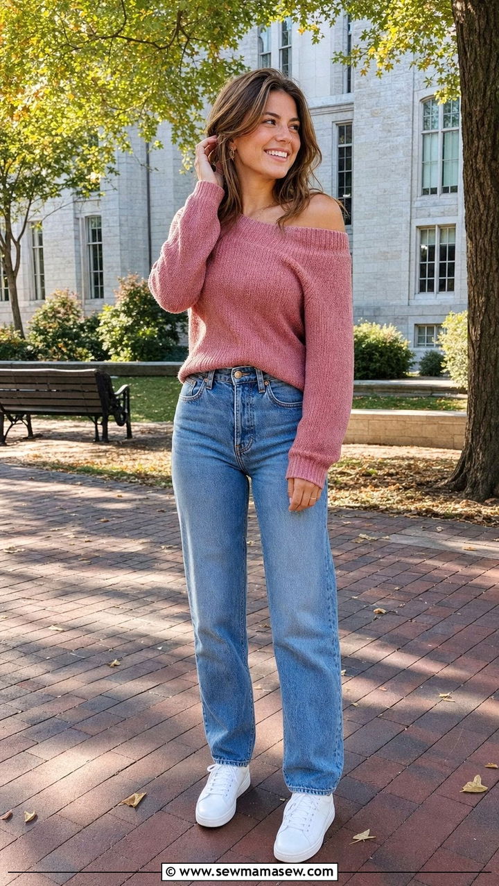 Off Shoulder Knit Top with High Waisted Straight Leg Jeans - 35 Back to school outfit ideas 2026