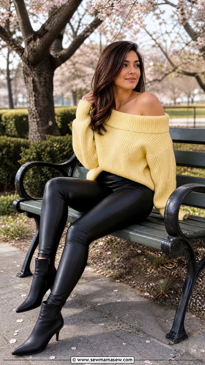 Off Shoulder Knit With Faux Leather Leggings And Ankle Boots - 30 Edgy spring outfits
