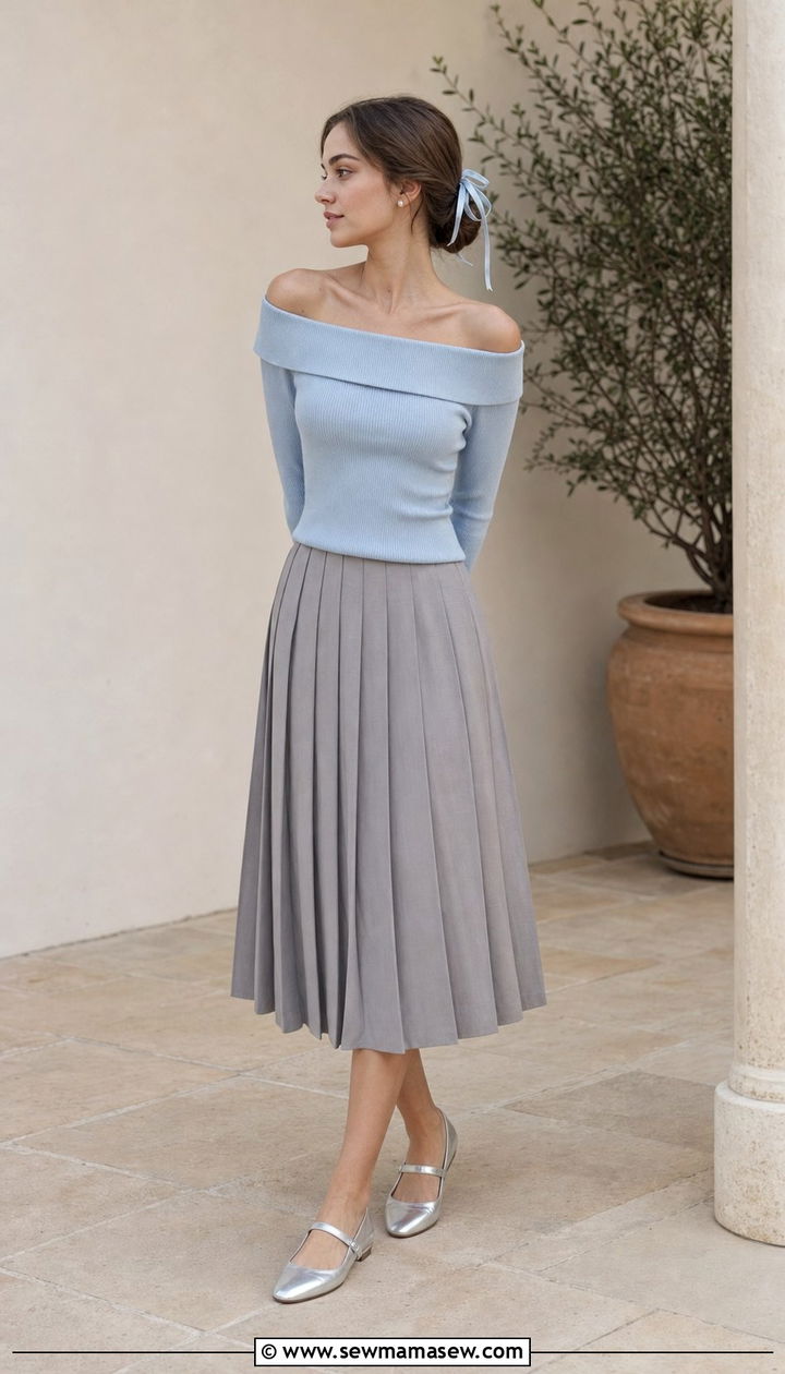 Off Shoulder Knit With Pleated Midi Skirt Outfit - 35 Balletcore spring outfits